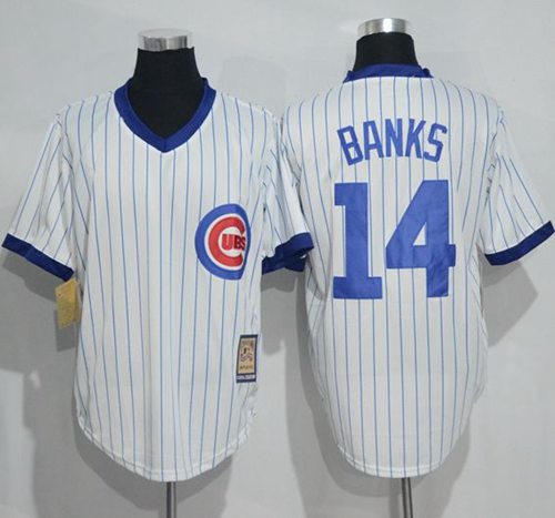 Cubs #14 Ernie Banks White Strip Home Cooperstown Stitched MLB Jersey